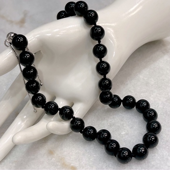 Black Tourmaline Beaded Sterling Silver Magnetic Clasp BOLO Necklace